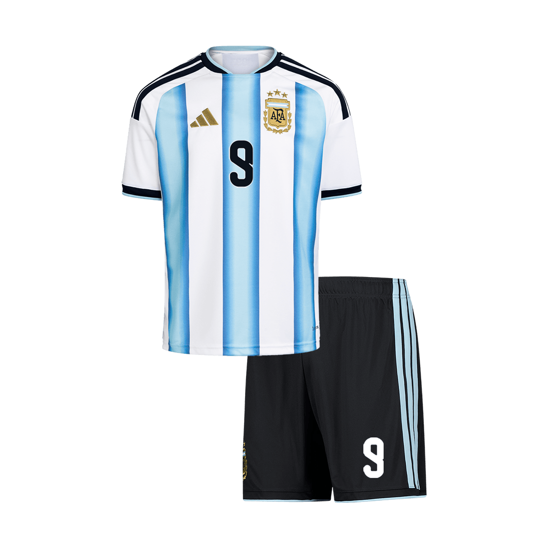 Dziecięcy zestaw Argentyny domowa J.ÁLVAREZ #9 (Koszulka+Spodenki) - Mundial 2026 [PREMIUM]