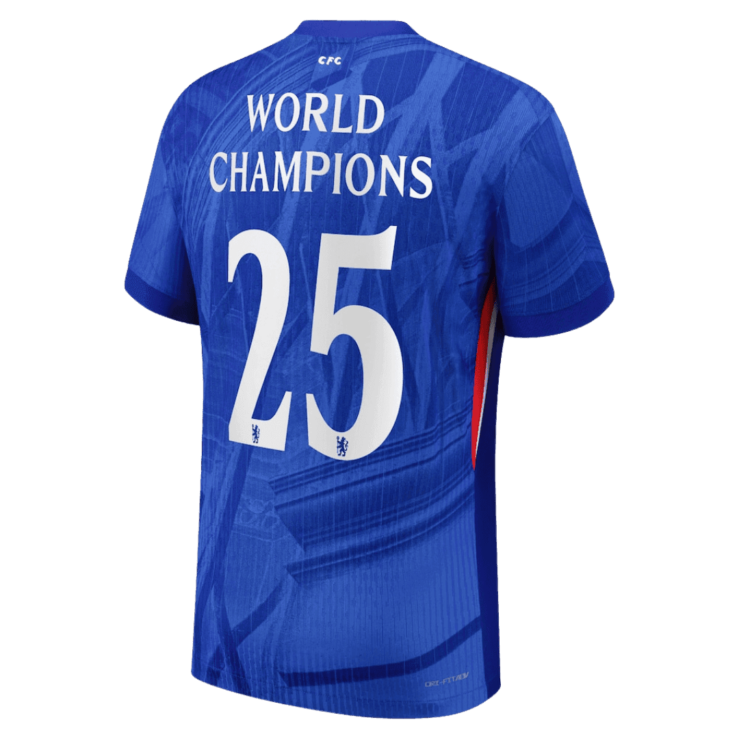 Męska Koszulka Domowa Chelsea WORLD CHAMPIONS #25 Wersja Piłkarska 2025/26 - with chest badge - Slim Fit - Topowe Koszulki Pilkarskie Sklep Internetowy
