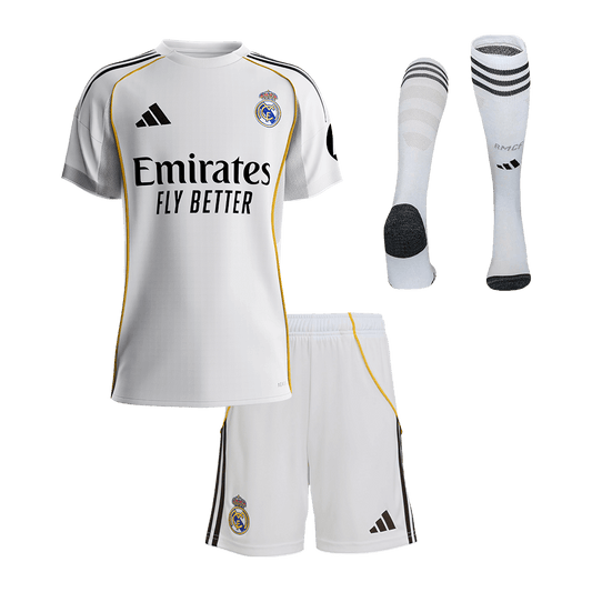 Dziecięcy Zestaw Domowa Real Madrid (Koszulka + Spodenki + Skarpety) 2025/26 [PREMIUM]