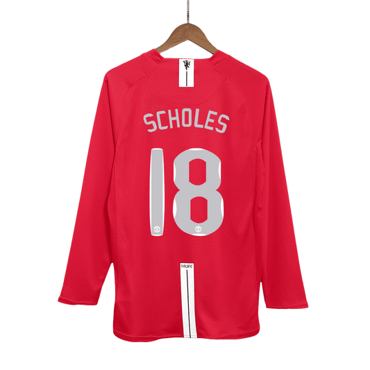 Retro SCHOLES #18 2007/08 Męska Koszulka Domowa MU z Długim Rękawem - UCL Final - Topowe Koszulki Pilkarskie Sklep Internetowy