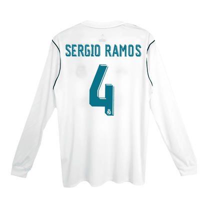 Męska Koszulka Retro Domowa Real Madryt SERGIO RAMOS #4 Długi Rękaw 2017/18 - Topowe Koszulki Pilkarskie Sklep Internetowy