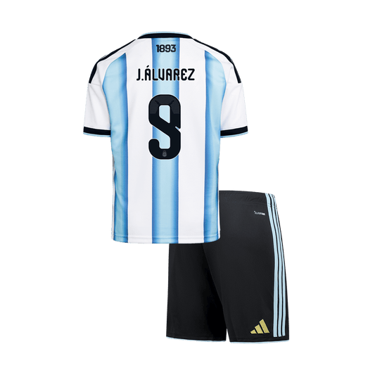 Dziecięcy zestaw Argentyny domowa J.ÁLVAREZ #9 (Koszulka+Spodenki) - Mundial 2026 [PREMIUM]
